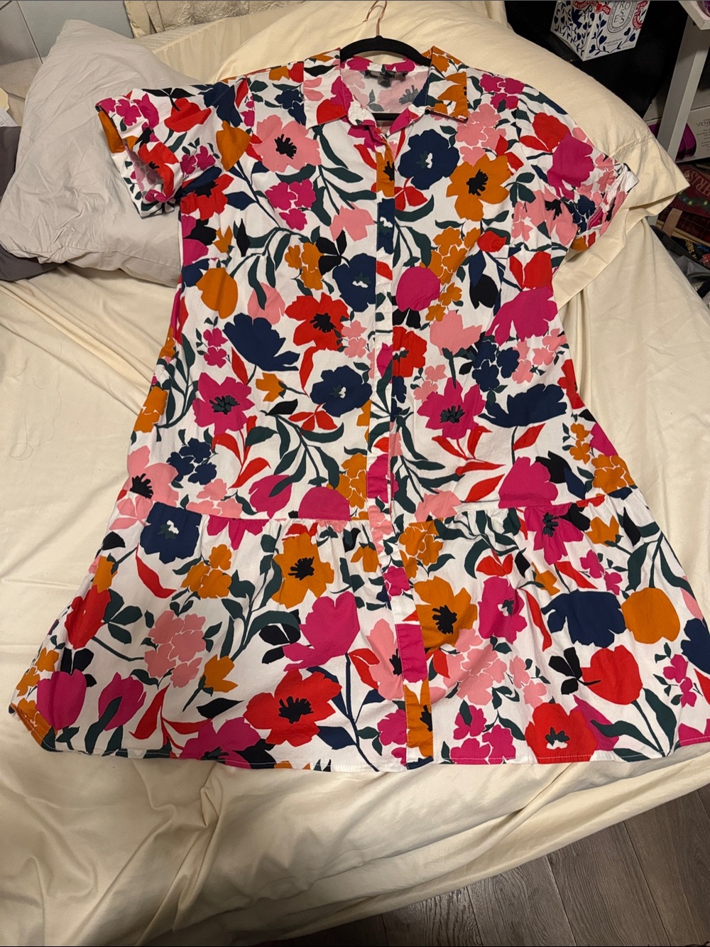 Donna Morgan Bright Floral Button-Front Dress in Pink, Navy & Orange